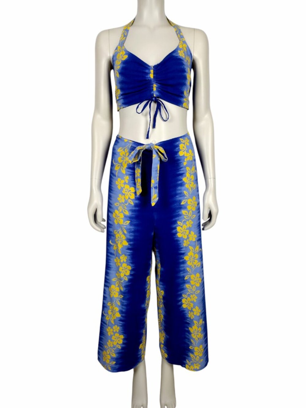 Vintage 1990s Blue Yellow Hawaiian Floral 2 Piece Crop Top and Pants Set OS